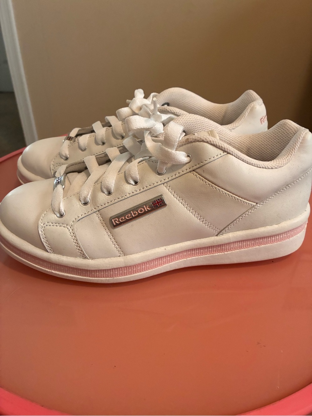 Reebok White and Pink Classic Low-Top Sneakers
